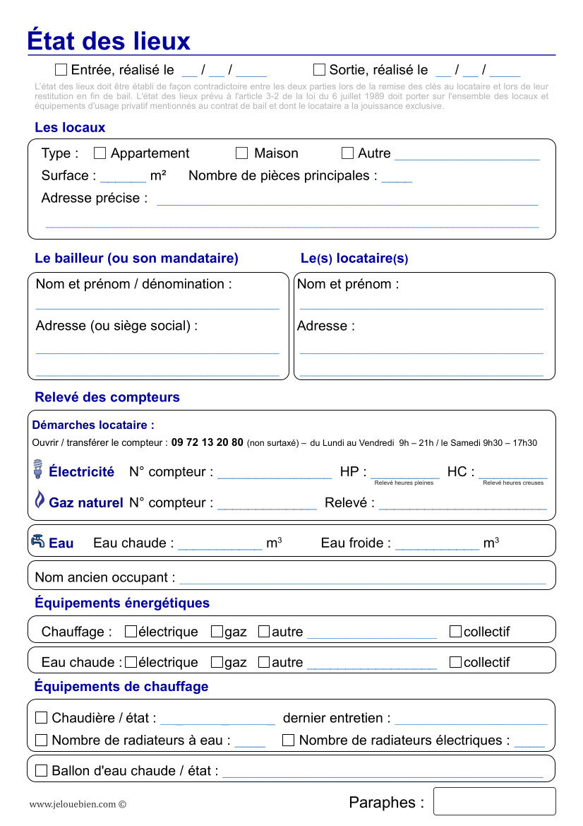 Etat des lieux gratuit Jelouebien - PDF - Word - Modèle 2023 loi Alur - Elan
